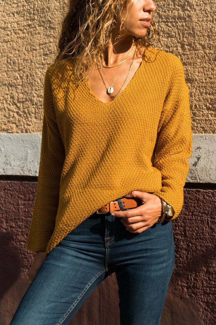 V-Neck Brass Knitted Pocket Sweater - 22 Palms Boutique
