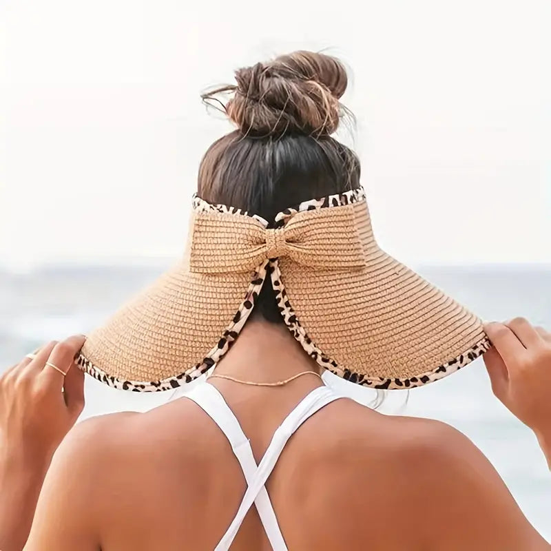 Foldable Straw Visor with Wide Brim and Bow, Leopard Khaki
