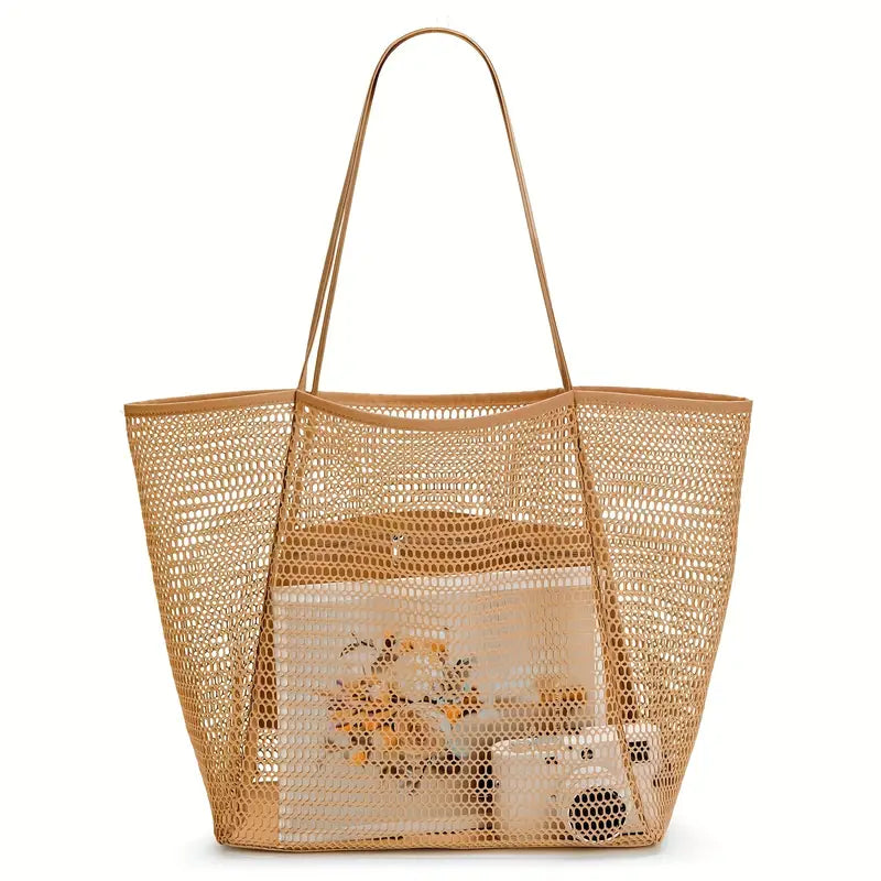 Large Mesh Beach Bag in Khaki