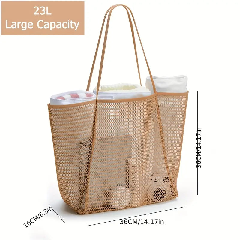 Large Mesh Beach Bag in Khaki