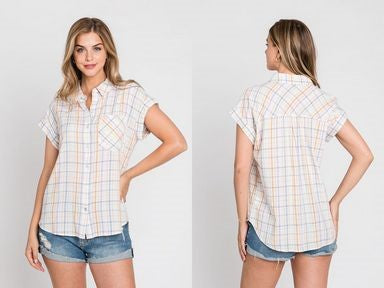Plaid Short Sleeve Rayon Blend Button Down