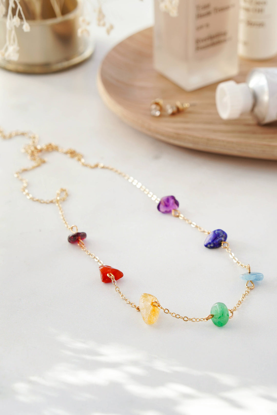 Gold Tone 7 Chakra Raw Stone Crystal Necklace