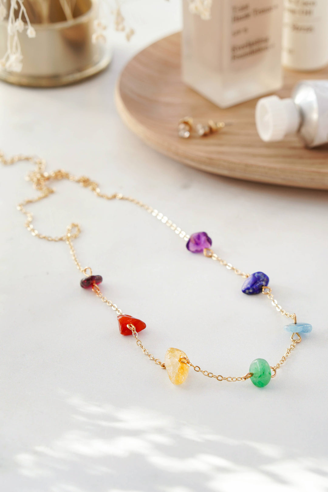 Gold Tone 7 Chakra Raw Stone Crystal Necklace - 22 Palms Boutique