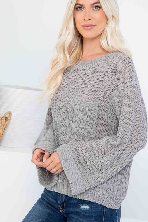 Breezy Days Sweater with Pocket and Cuffed Bell Sleeves in Grey - 22 Palms Boutique