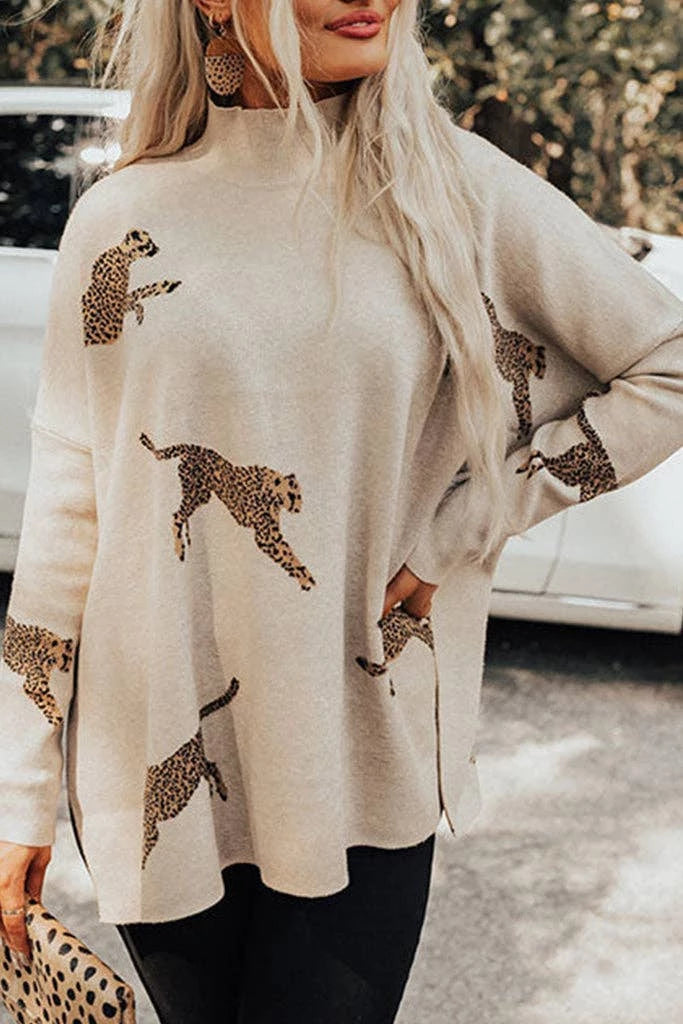 mock neck long sleeve sweater in khaki with cheetahs