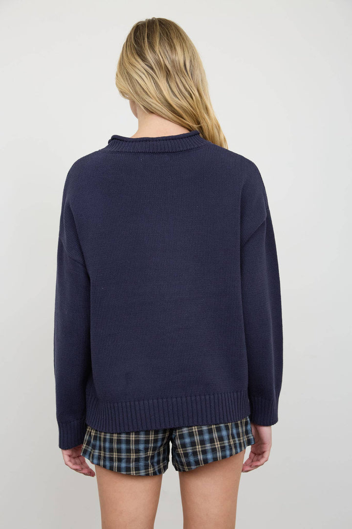 Teddy Bear Crew Neck Intarsia Knit Sweater in Navy