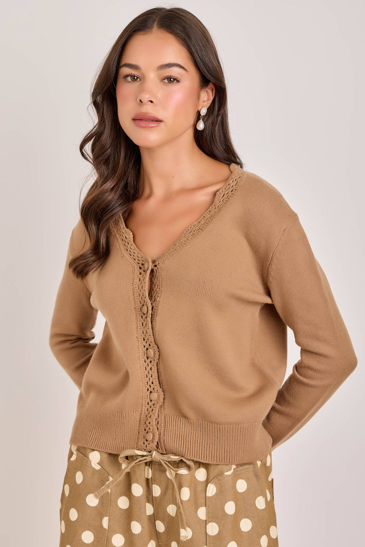Lace Trimmed Button Front Cardigan in Mocha