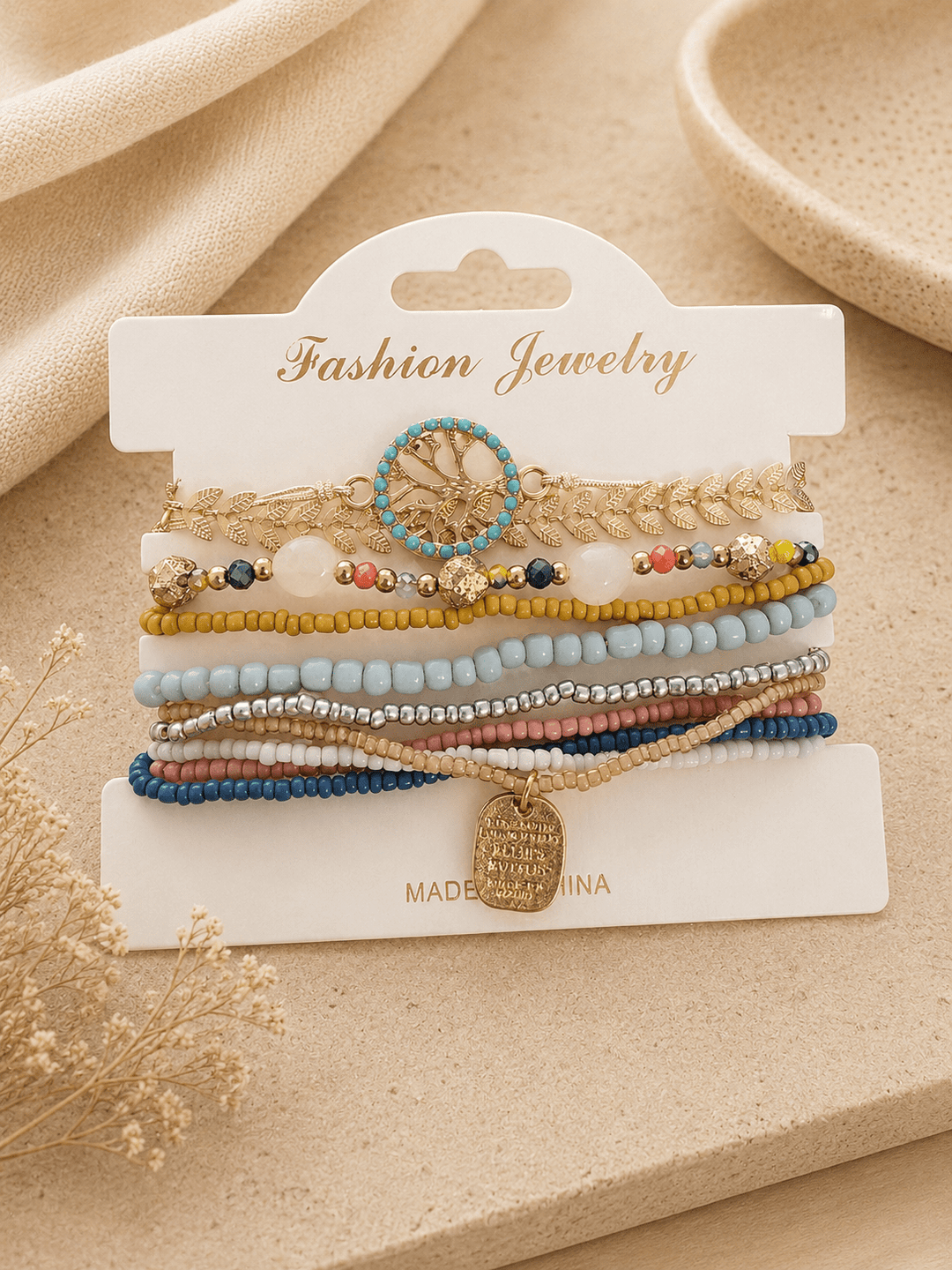 10pcs Glass Rice Beads Alloy Leaf Life Tree Pendant Anklet Set - 22 Palms Boutique