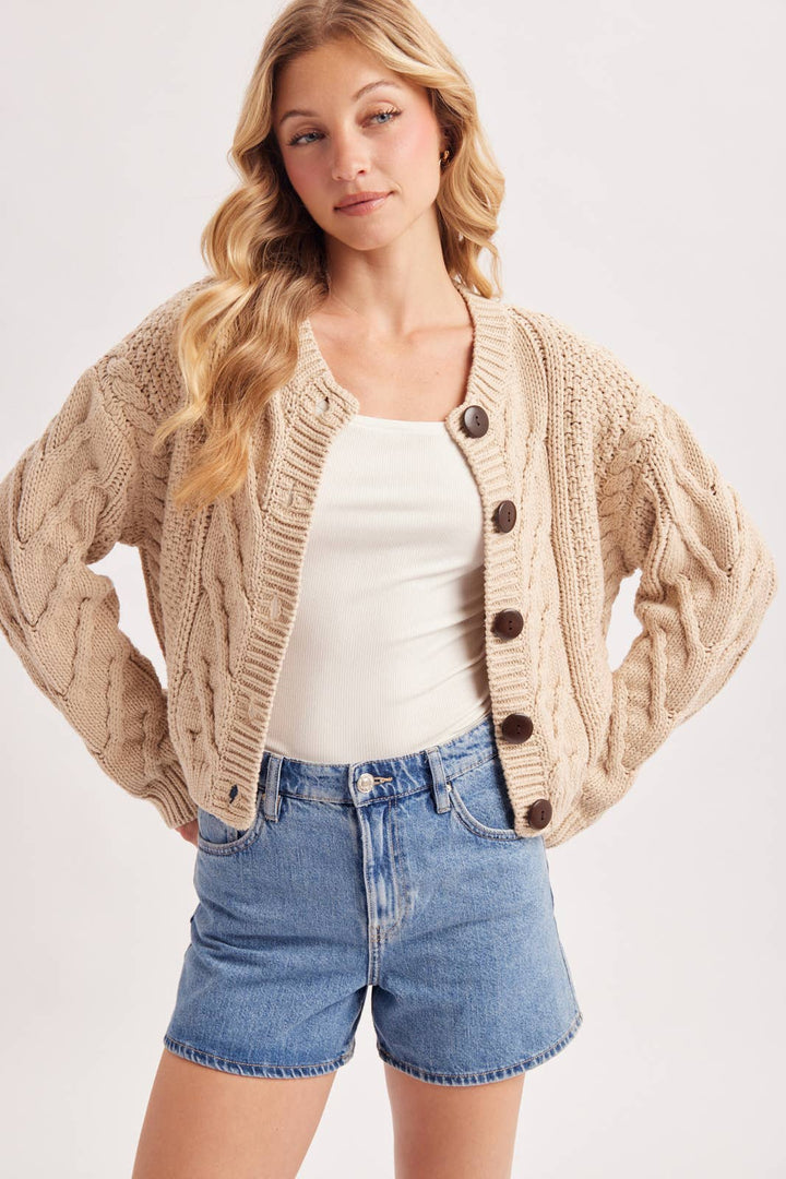 Cropped Button Front Cable Knit Sweater