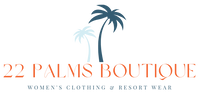 Logo for "22 Palms Boutique" featuring two palm trees, one light blue and one dark blue, above orange text. Below the text is smaller blue text: "Women's clothing & resort wear".
