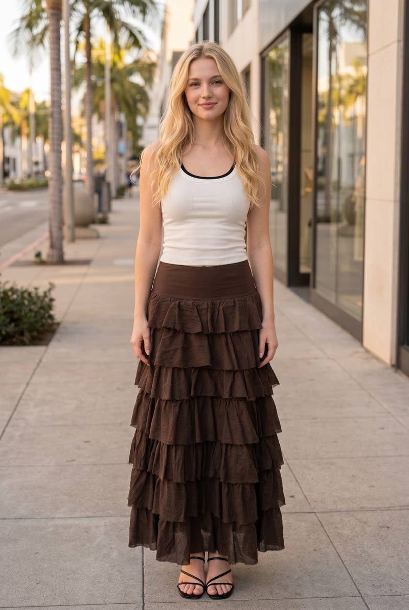 Tiers Of Delicate Ruffles Maxi Skirt in Chocolate