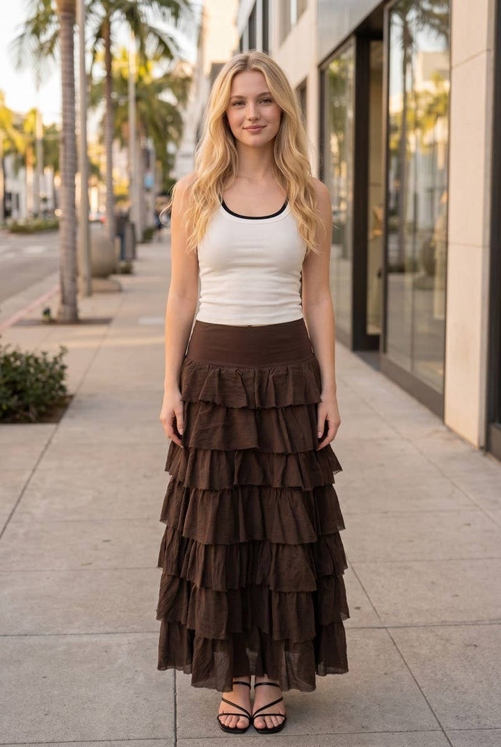 Tiers Of Delicate Ruffles Maxi Skirt in Chocolate