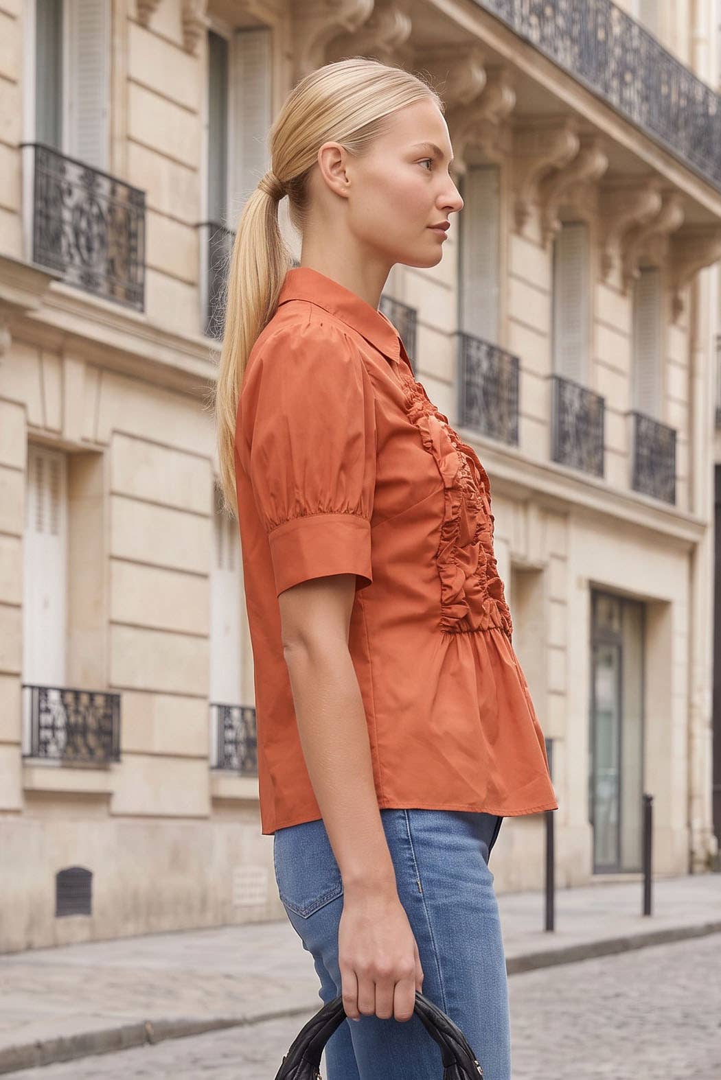 Ruched Front Button Up Blouse in Sienna