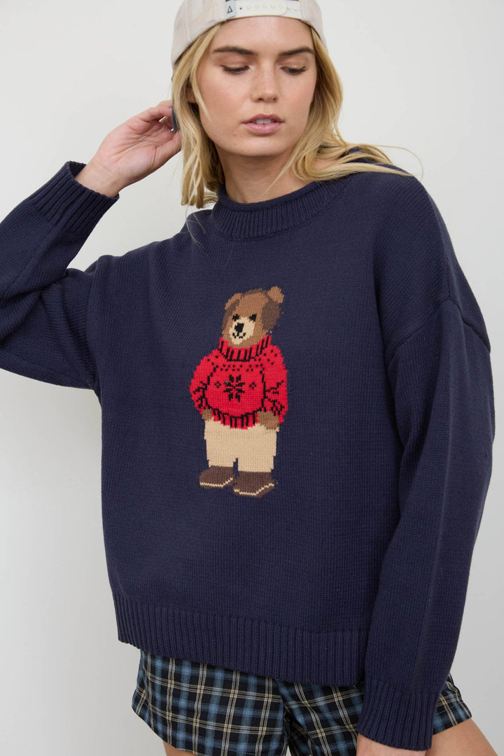 Teddy Bear Crew Neck Intarsia Knit Sweater in Navy