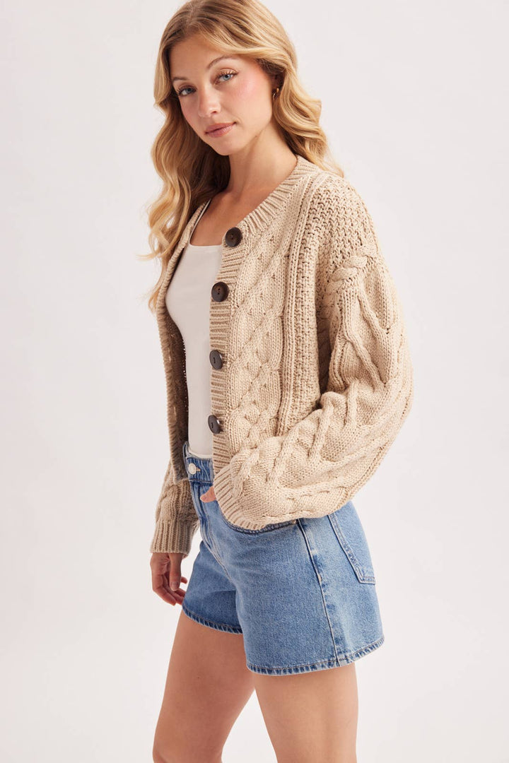 Cropped Button Front Cable Knit Sweater