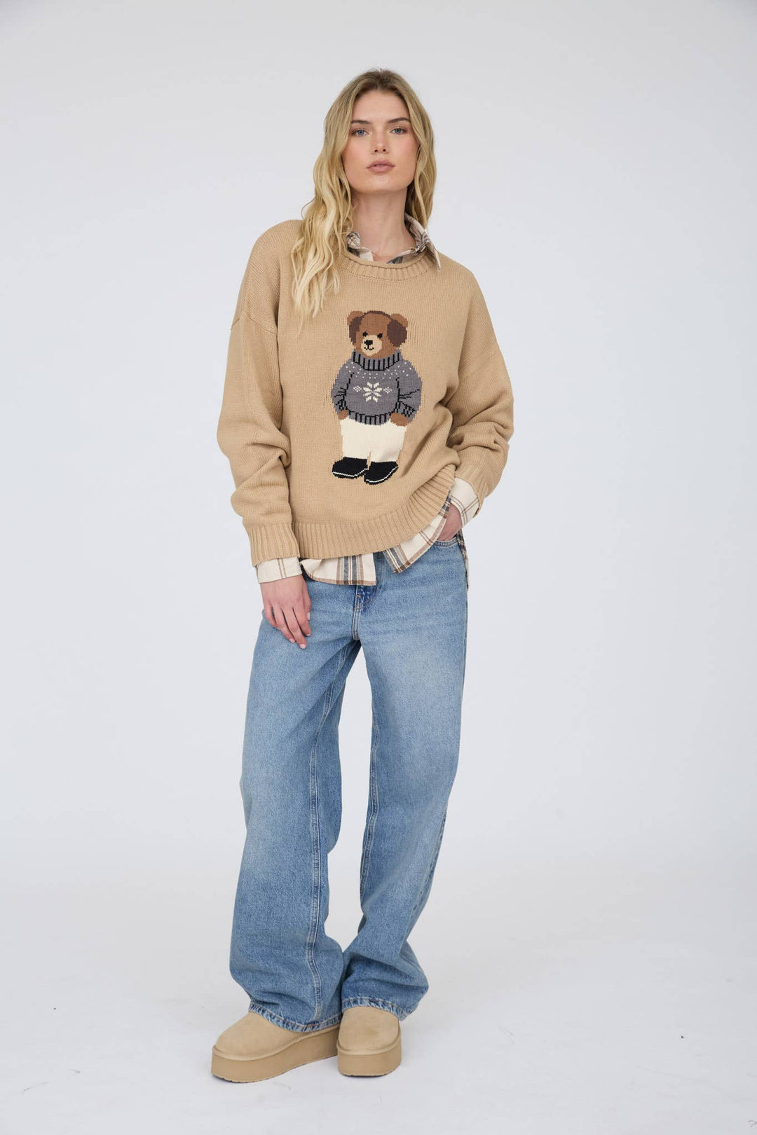 Teddy Bear Crew Neck Intarsia Knit Sweater in Khaki