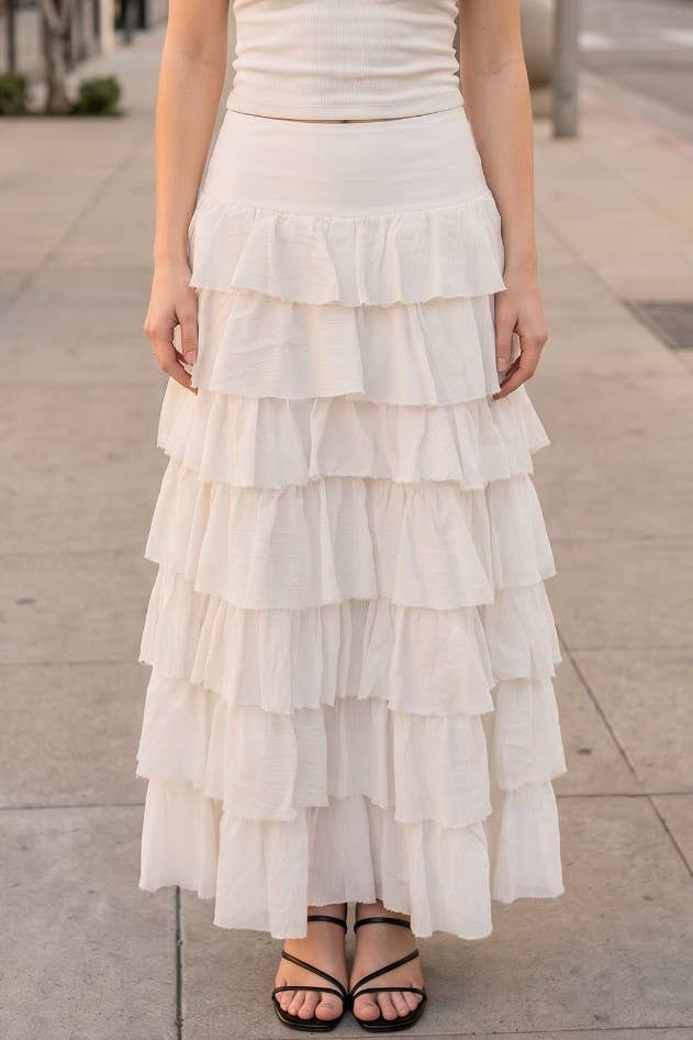Tiers Of Delicate Ruffles Maxi Skirt in Chocolate
