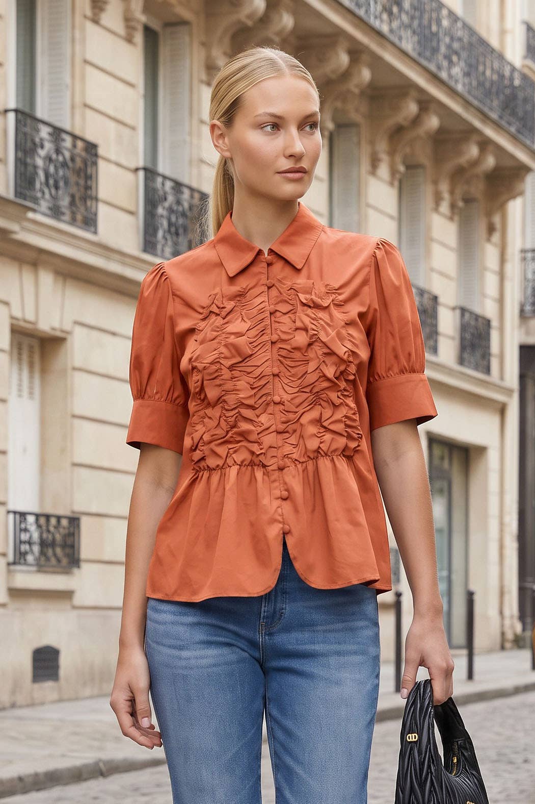 Ruched Front Button Up Blouse in Sienna