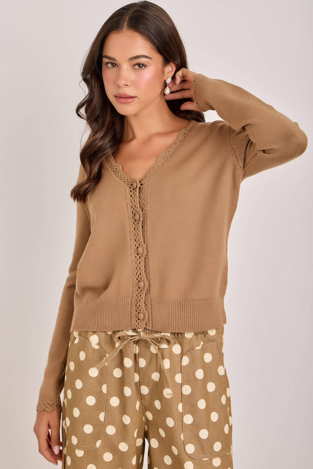 Lace Trimmed Button Front Cardigan in Mocha