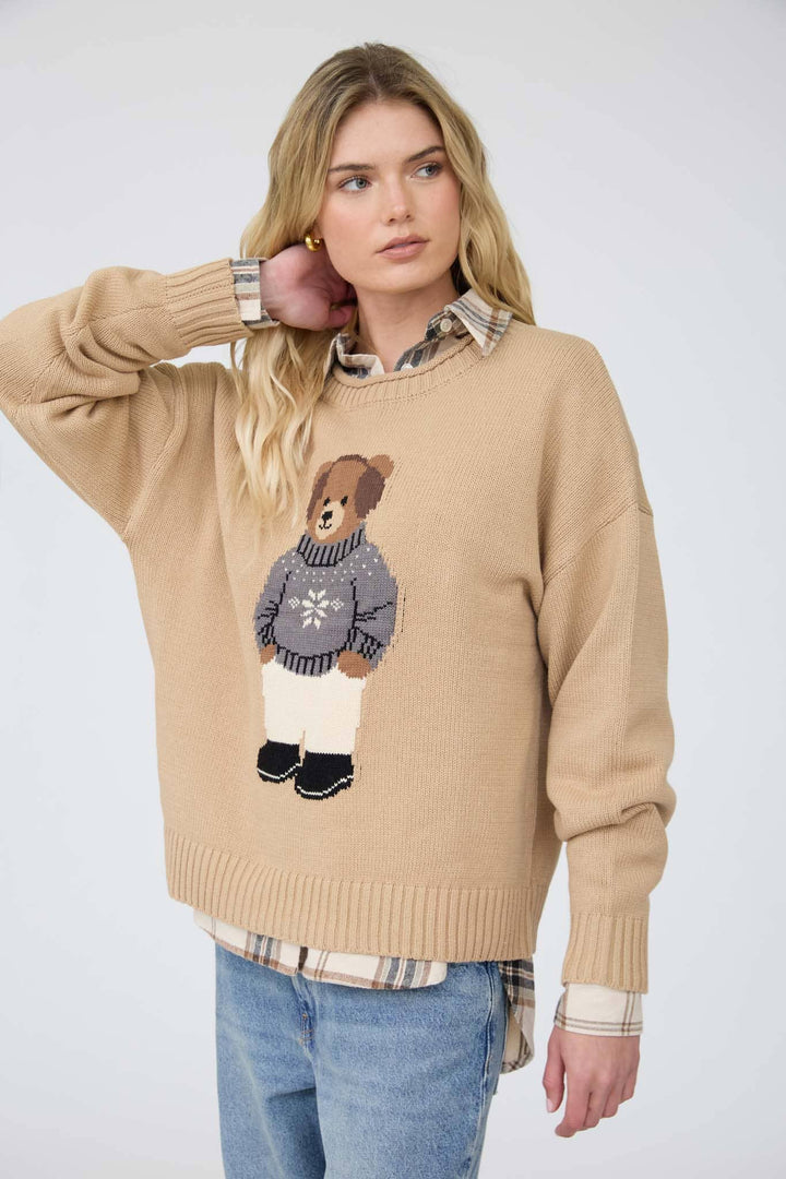 Teddy Bear Crew Neck Intarsia Knit Sweater in Khaki