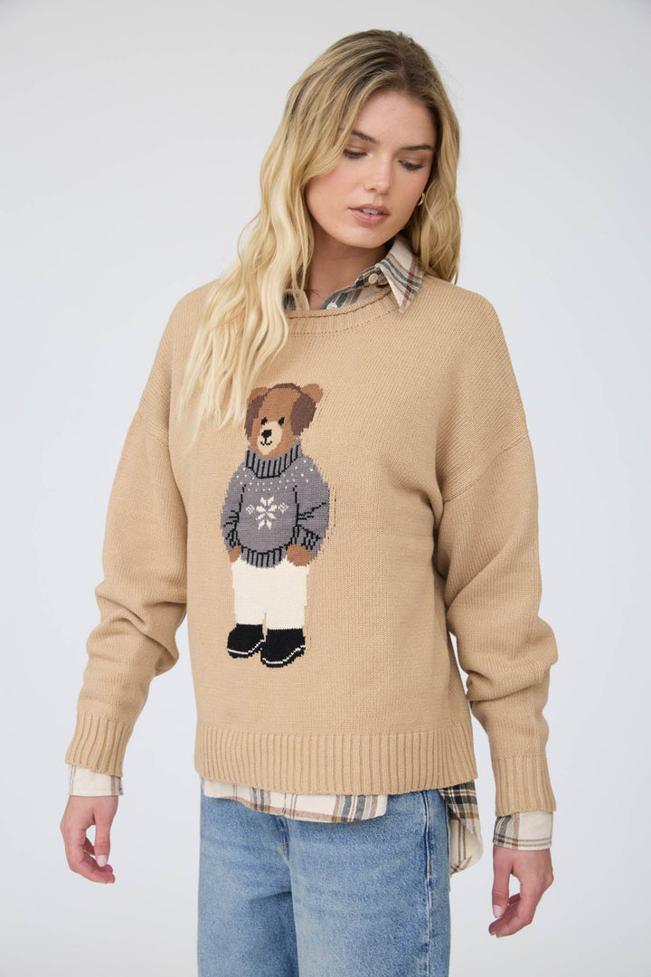 Teddy Bear Crew Neck Intarsia Knit Sweater in Khaki