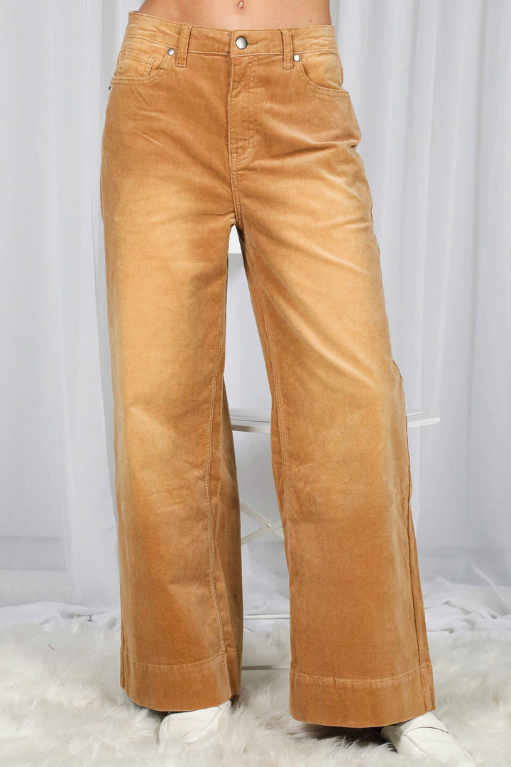 Stone Washed Cotton Corduroy Cropped Pants in Camel