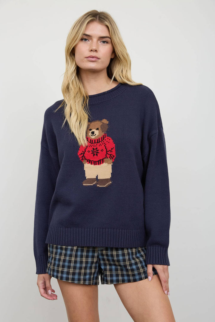 Teddy Bear Crew Neck Intarsia Knit Sweater in Navy