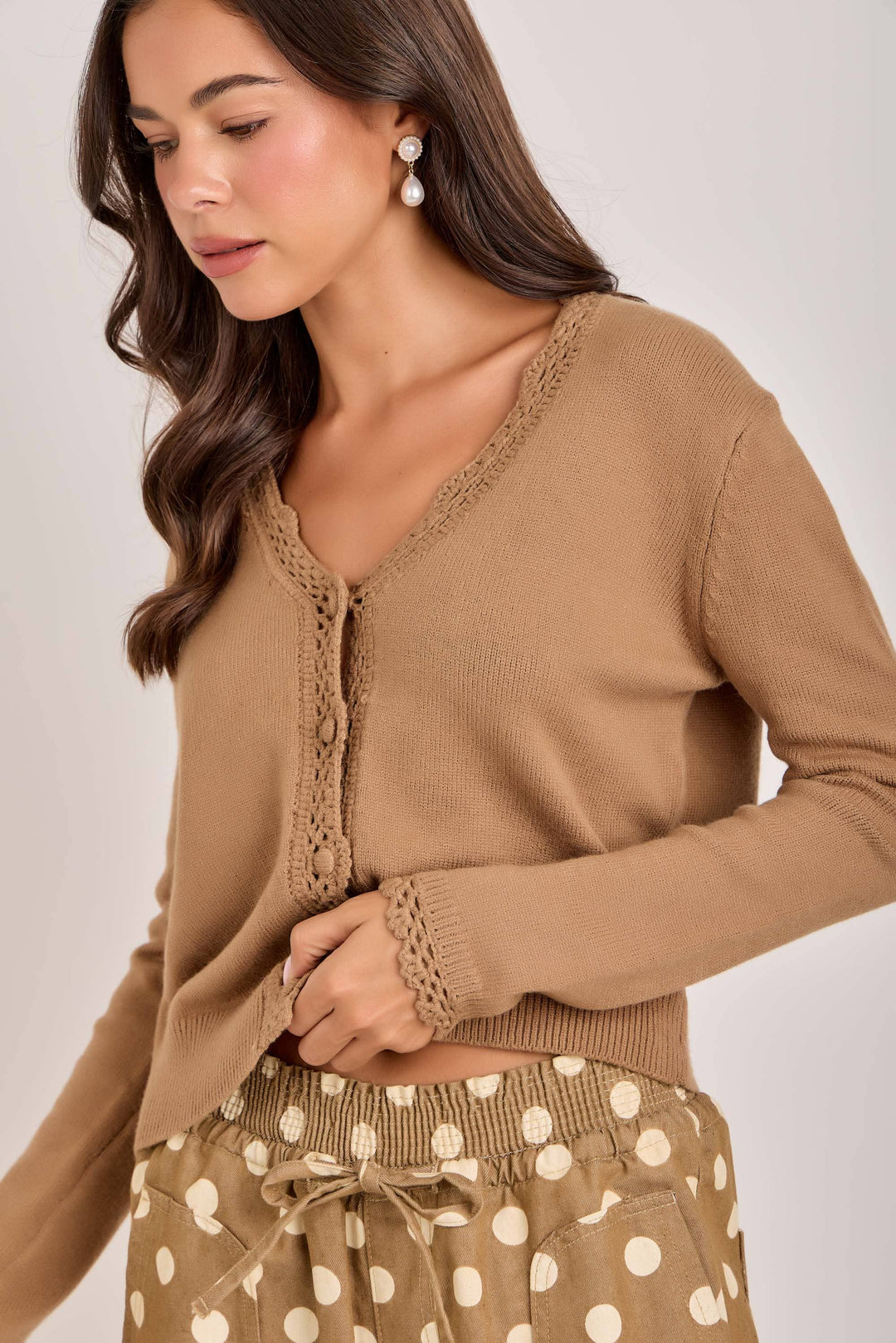 Lace Trimmed Button Front Cardigan in Mocha
