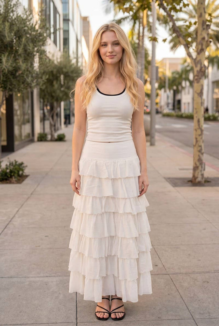 Tiers Of Delicate Ruffles Maxi Skirt in Chocolate
