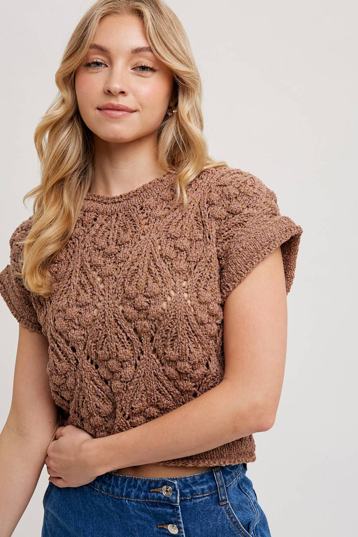 Knit Short Sleeve Crop Sweater in Mocha