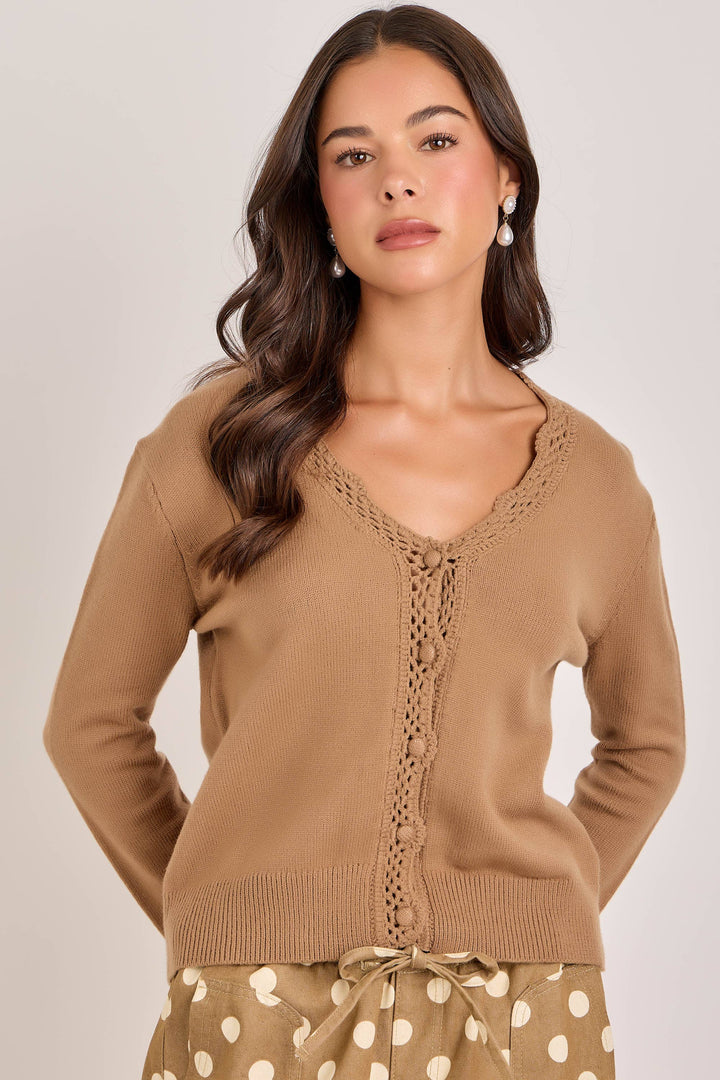 Lace Trimmed Button Front Cardigan in Mocha