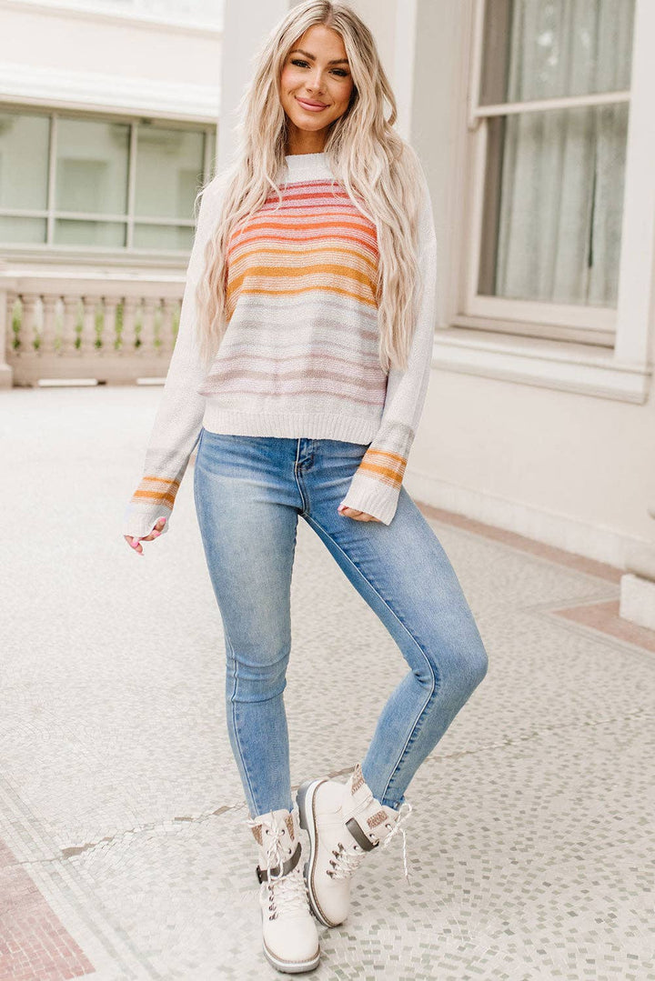 Poppy Stripe Long Sleeve Round Neck Sweater - 22 Palms Boutique