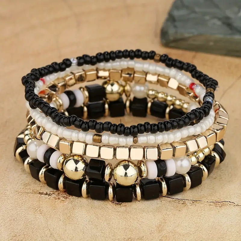 Multi beaded bracelet stack set in black