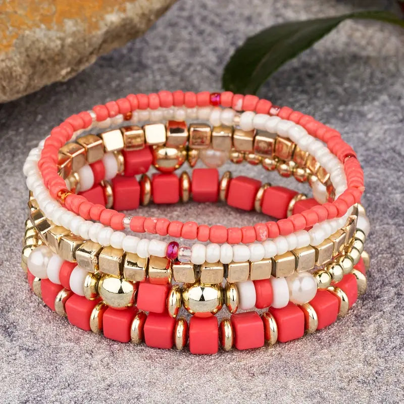 Multi beaded bracelet stack set in Coral