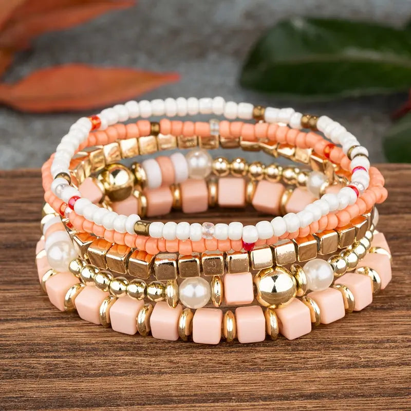 Multi beaded bracelet stack set in peach