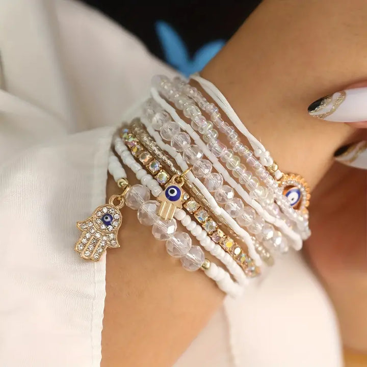 Boho beaded Evil Eye bracelet stack set, white