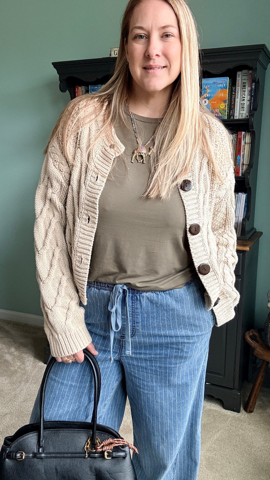 Oatmeal Cropped Button Front Cable Knit Cardigan