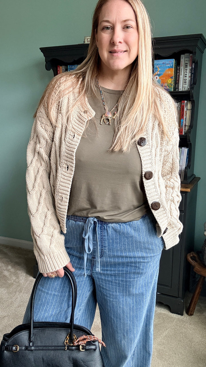 Oatmeal Cropped Button Front Cable Knit Cardigan