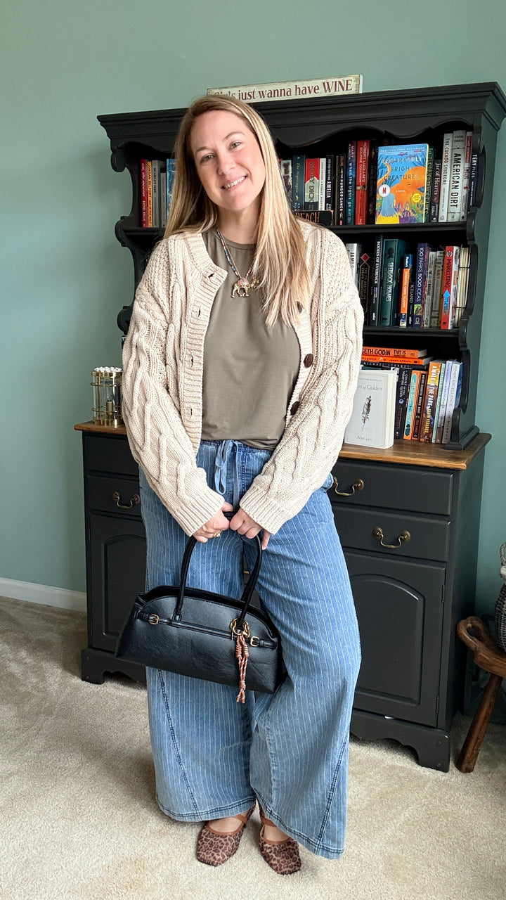 Oatmeal Cropped Button Front Cable Knit Cardigan