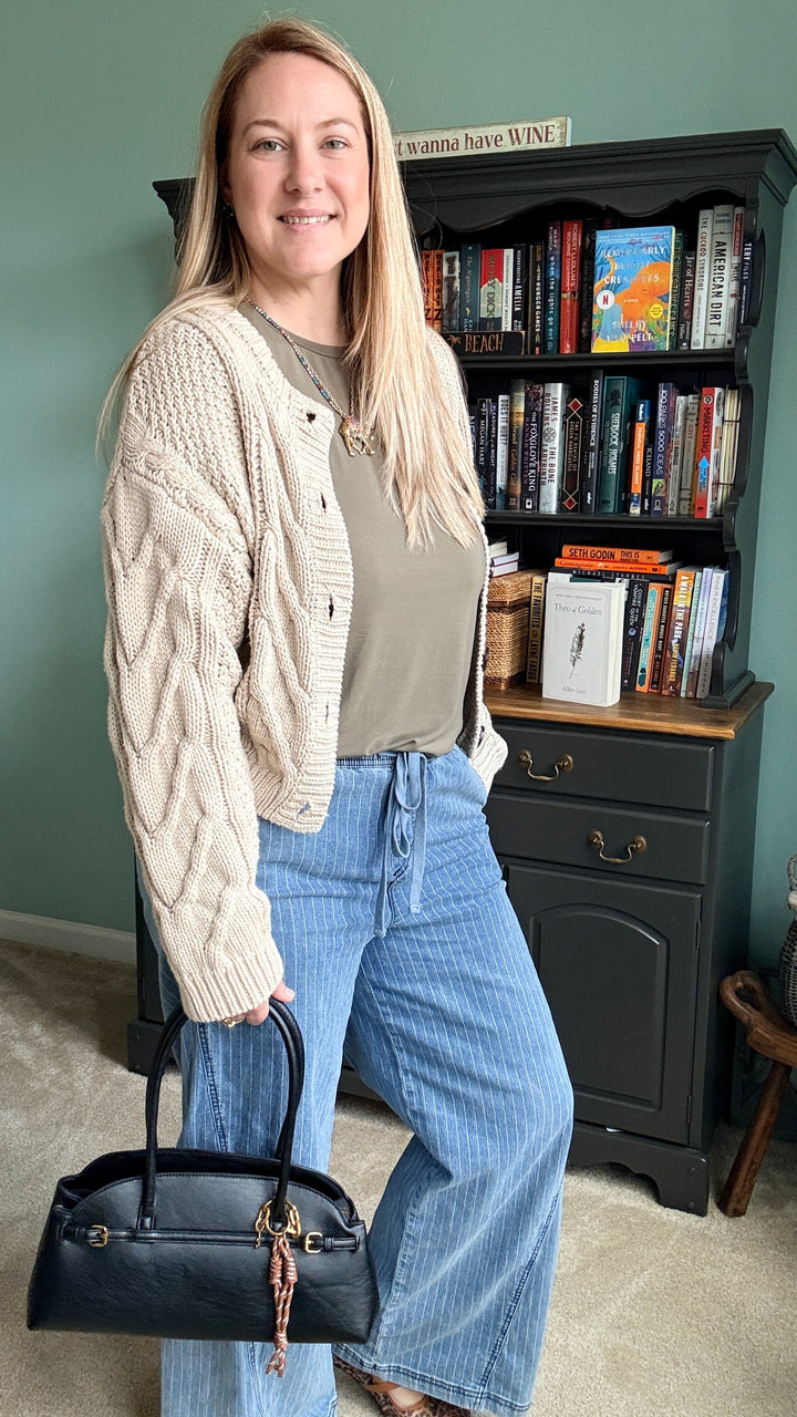 Oatmeal Cropped Button Front Cable Knit Cardigan