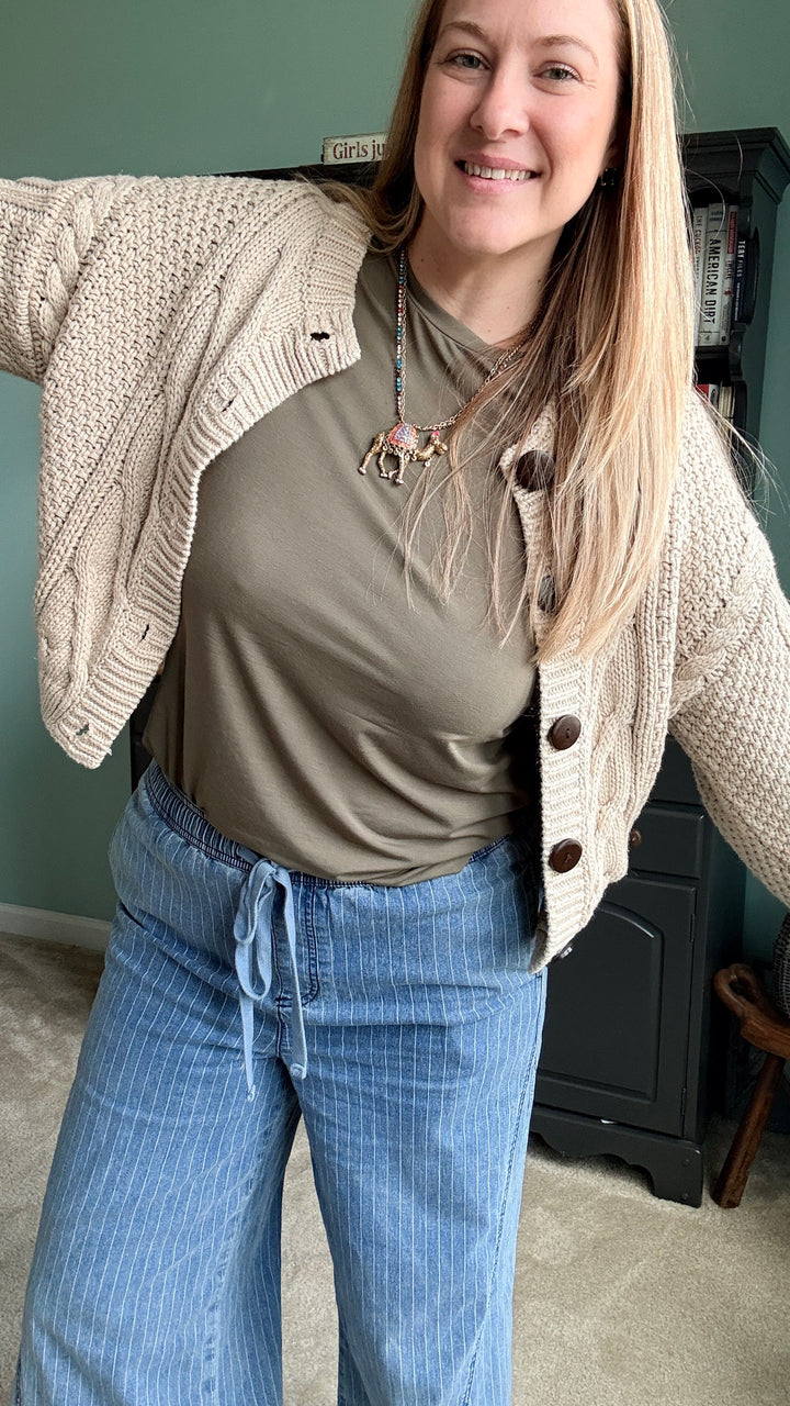 Oatmeal Cropped Button Front Cable Knit Cardigan