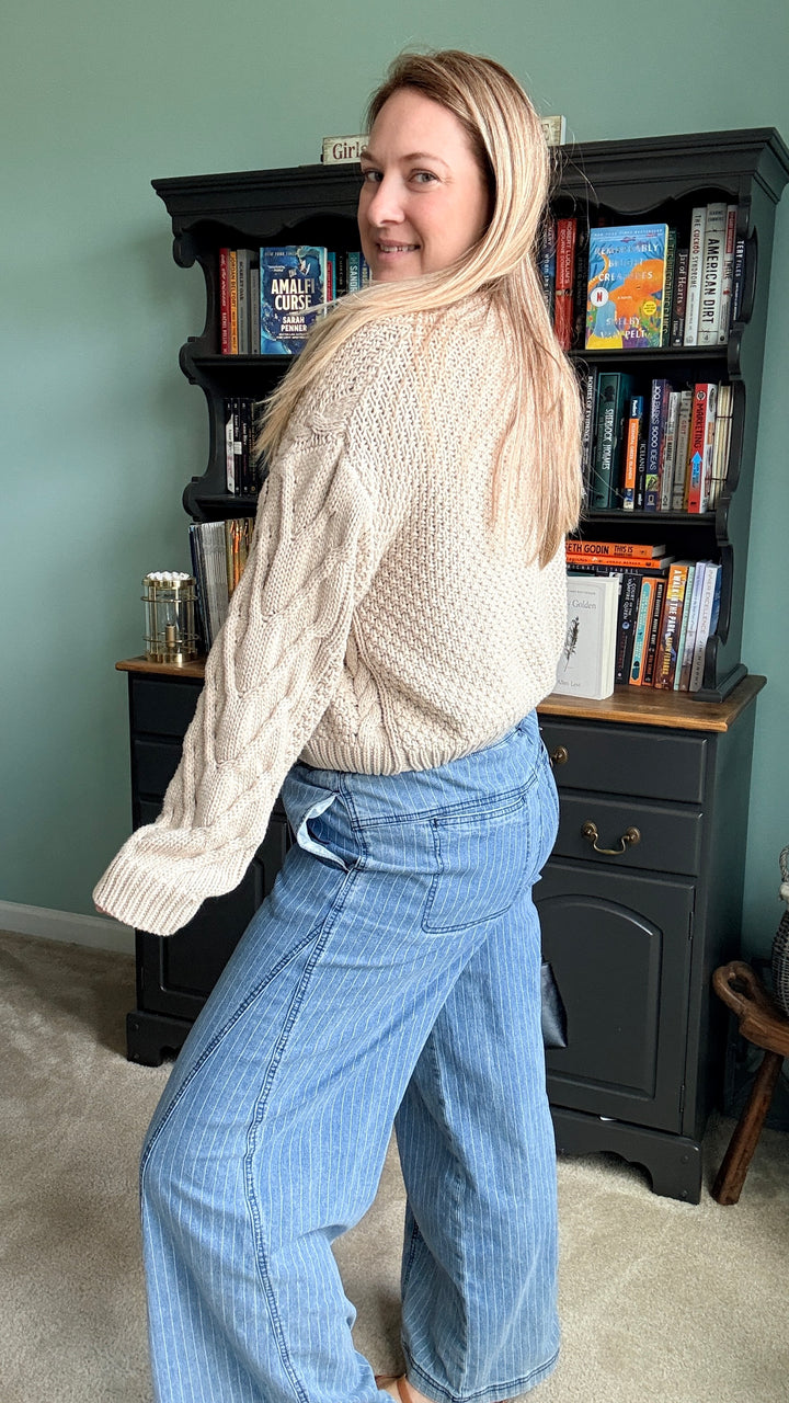 Oatmeal Cropped Button Front Cable Knit Cardigan