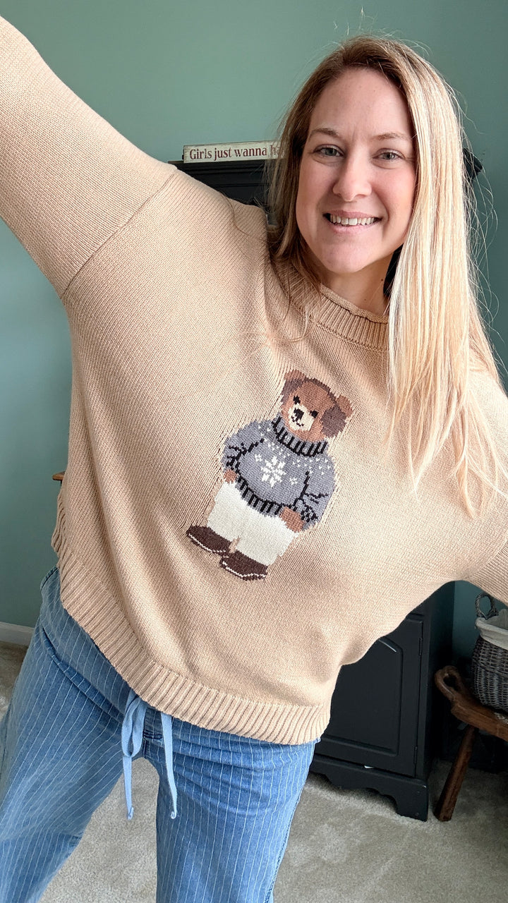 Teddy Bear Crew Neck Intarsia Knit Sweater in Khaki