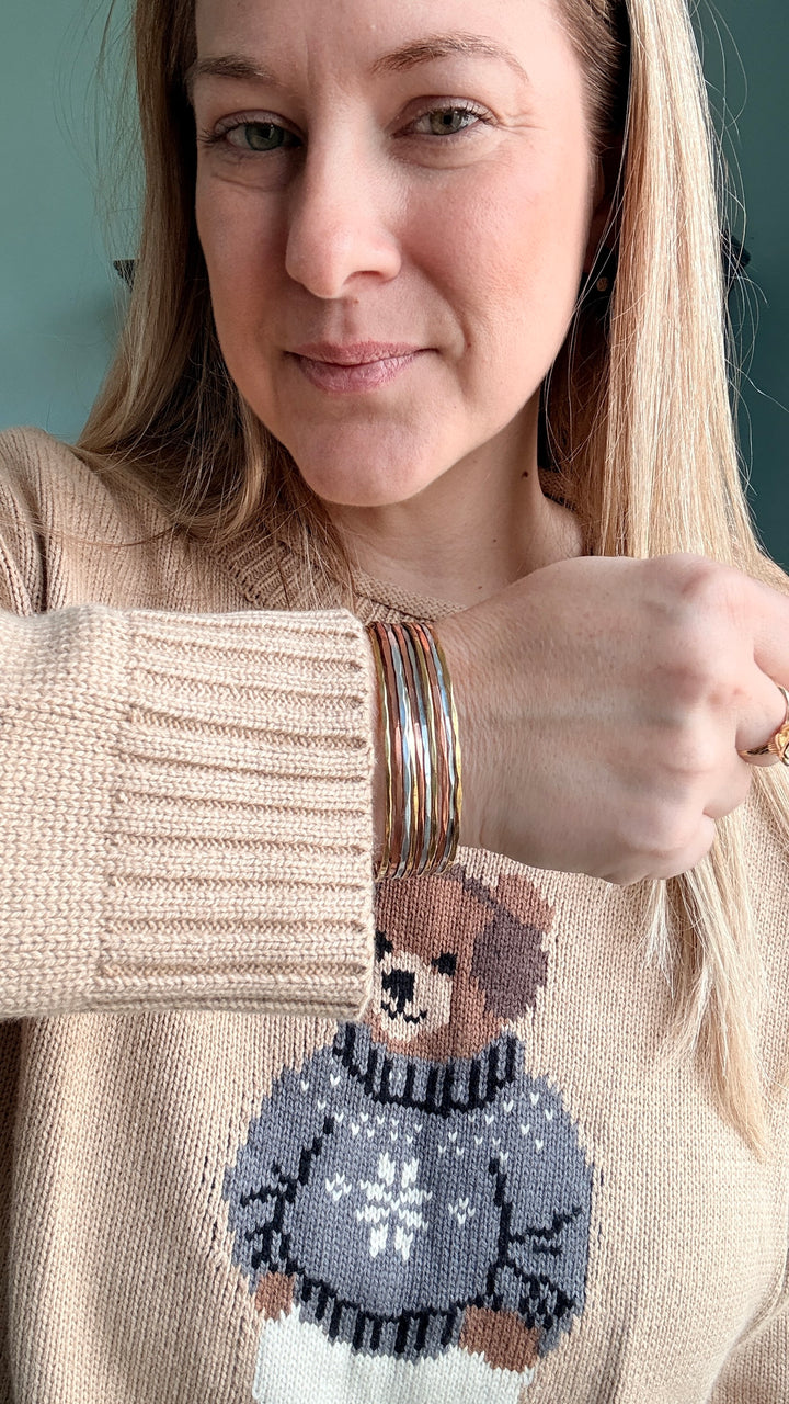 Teddy Bear Crew Neck Intarsia Knit Sweater in Khaki