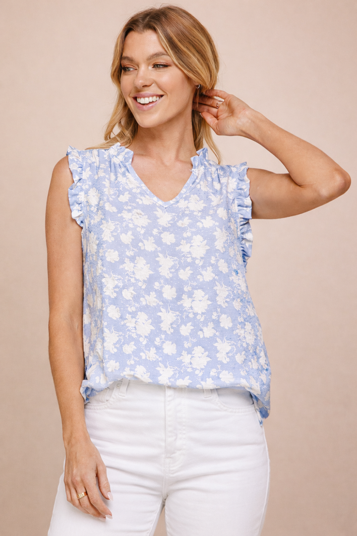 Textured Floral Ruffle Sleeveless Top - Blue
