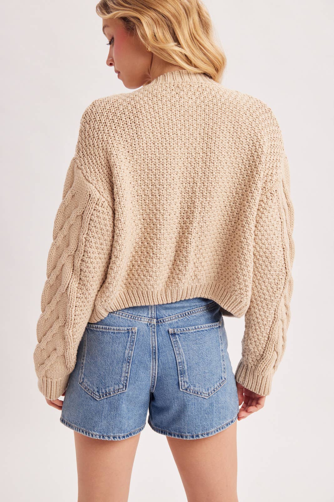 Cropped Button Front Cable Knit Sweater