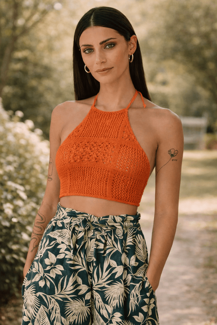 Andrea Organic Cotton Knit Halter Top | Orange - 22 Palms Boutique