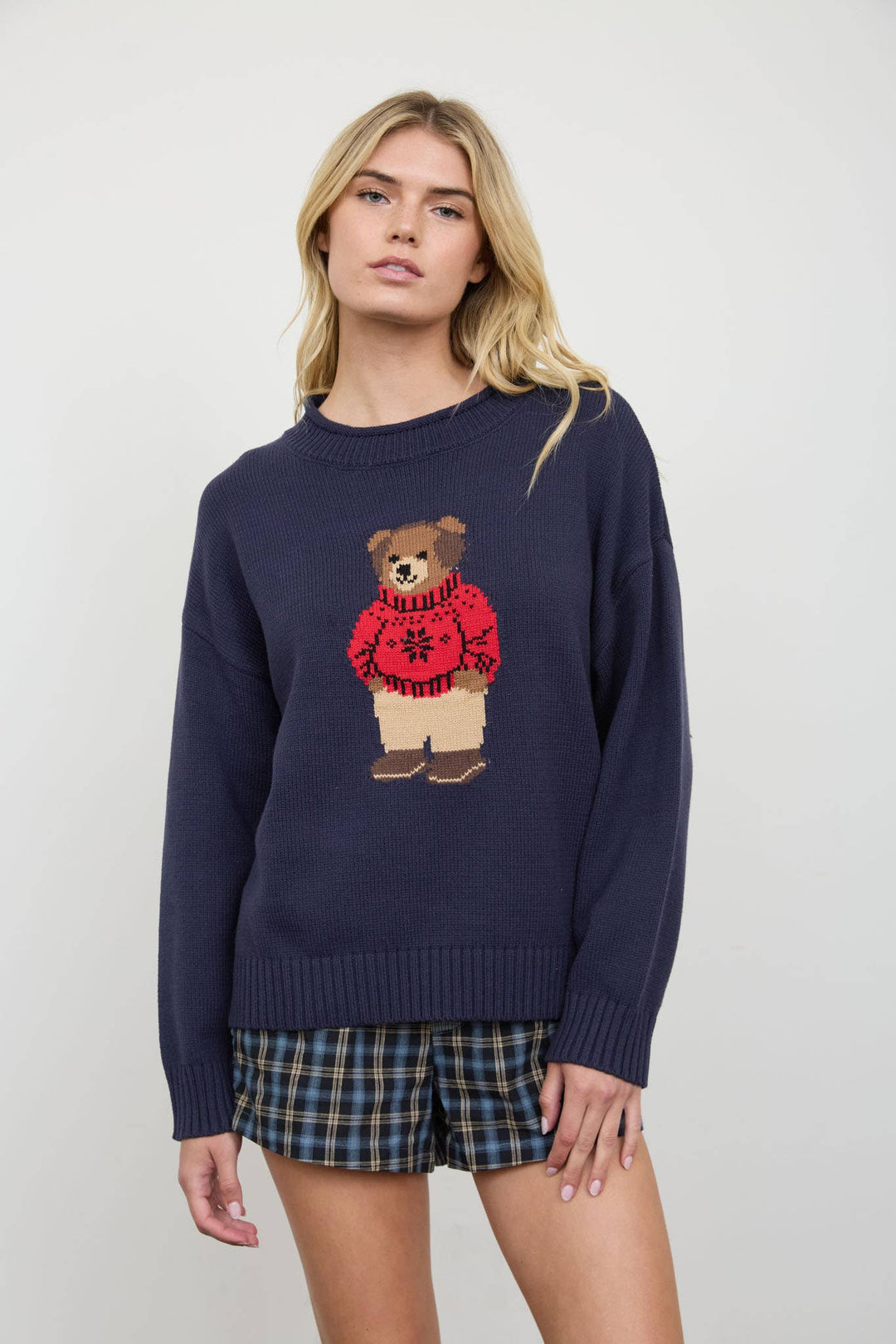 Teddy Bear Crew Neck Intarsia Knit Sweater in Navy