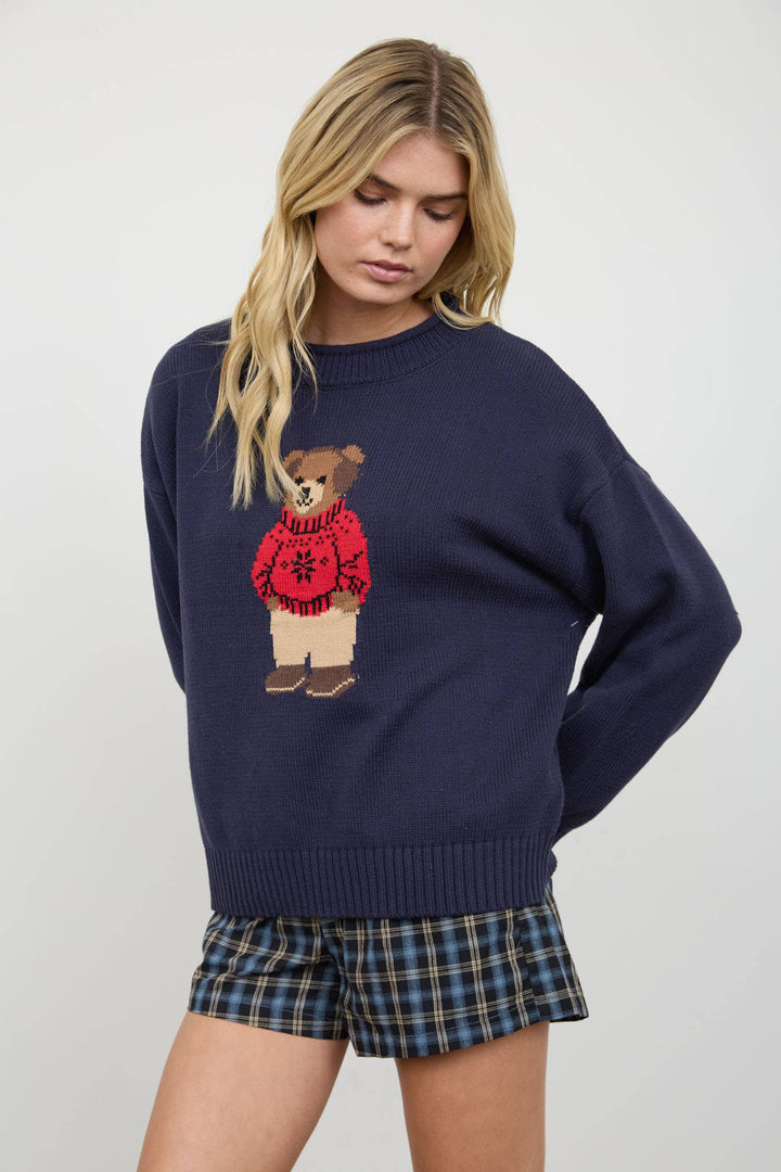 Teddy Bear Crew Neck Intarsia Knit Sweater in Navy