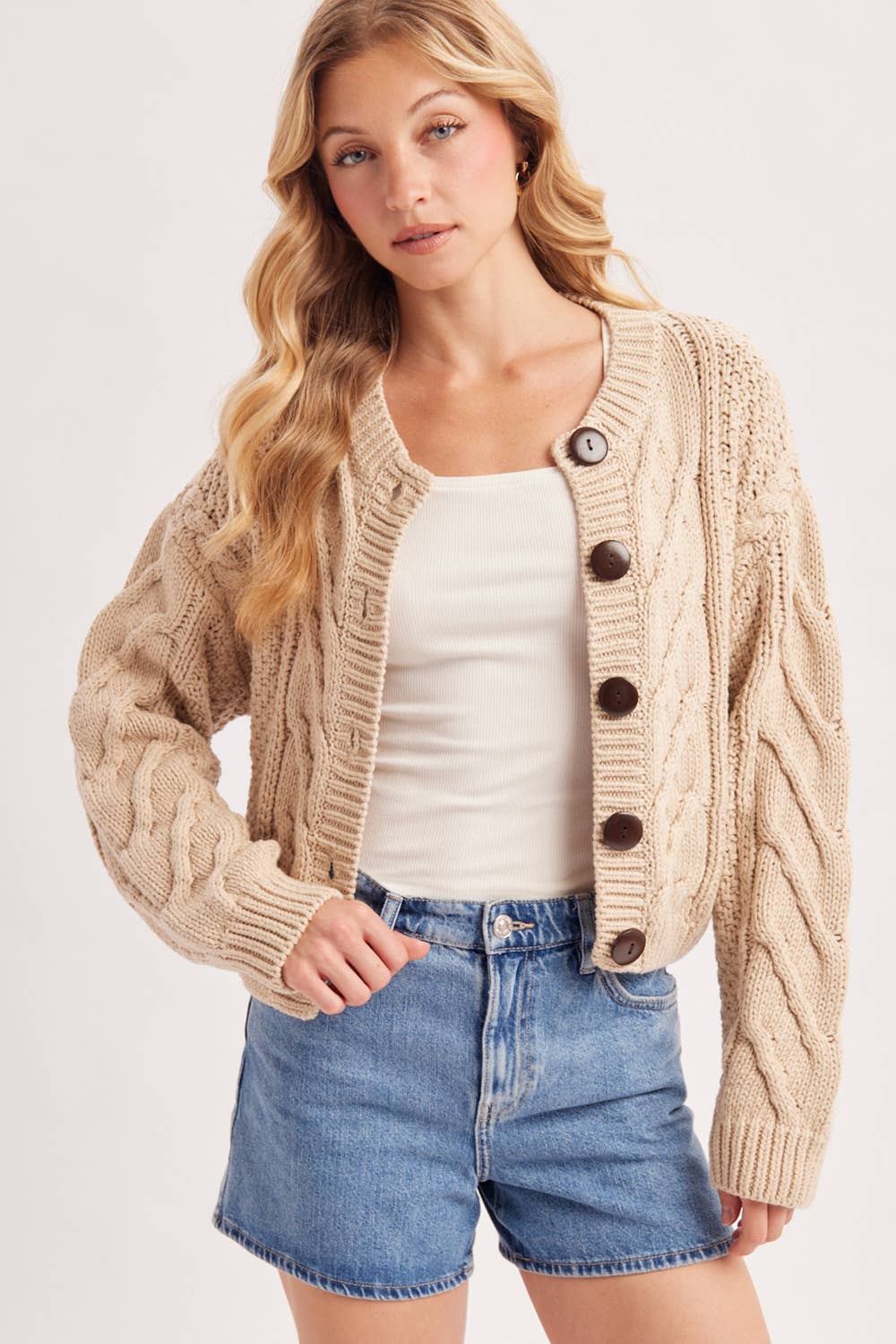 Cropped Button Front Cable Knit Sweater